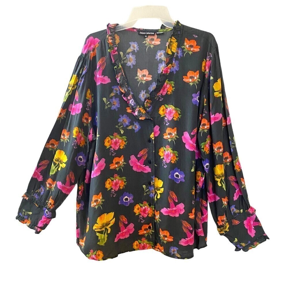 Tolani Collection Womens‎ Black Long Sleeve Floral Ruffle Button Front Blouse XL